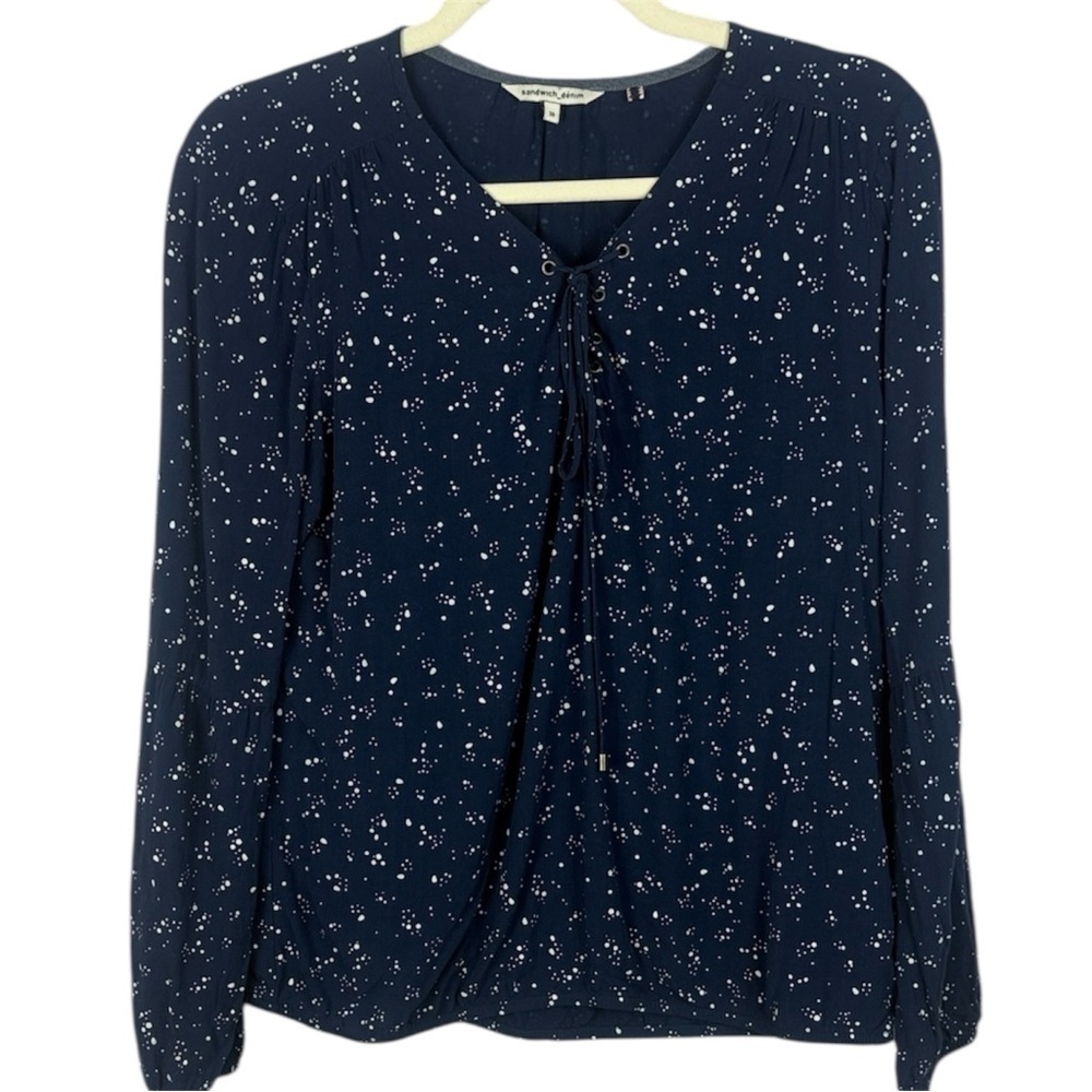 Sandwich Denim Casual Long Sleeve Lace-Up Neckline Navy White Speckles Blouse